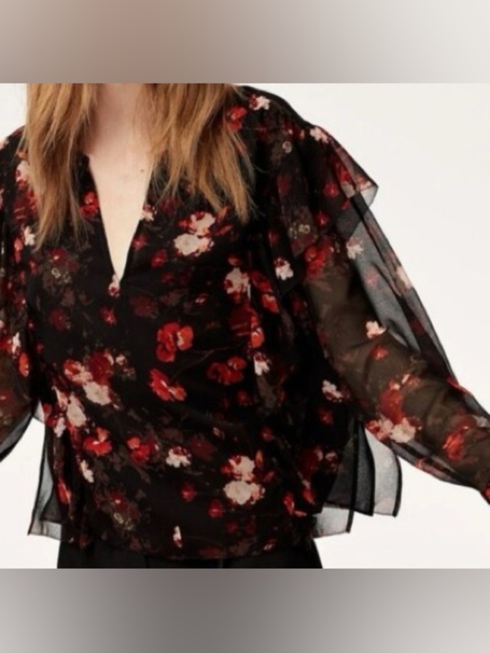 Wilfred by Aritzia Cyprie Ruffle Floral Chiffon Blouse Black Red Medium M